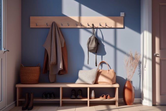 Porte-manteaux décoratifs avec banc de rangement et compartiments à chaussures sur mur bleu