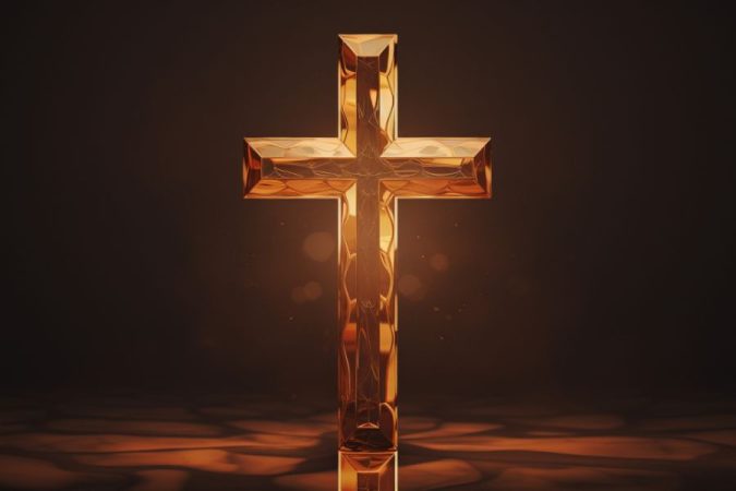 Croix religieuse aux reflets dorés irisés évoquant l'éclat d'une vraie nacre sur une croix.